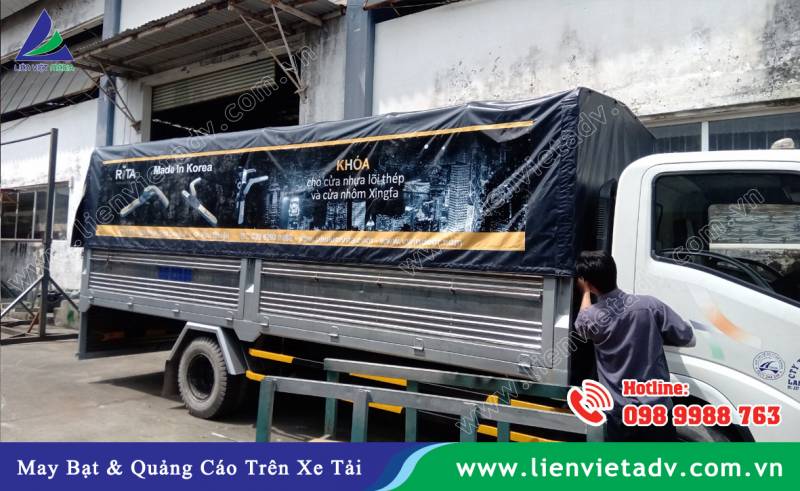 Quảng cáo trên xe tải mui bạt - May và dán quảng cáo quảng cáo trên bạt xe tải toàn quốc